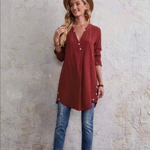 Solid notched neck longline blouse